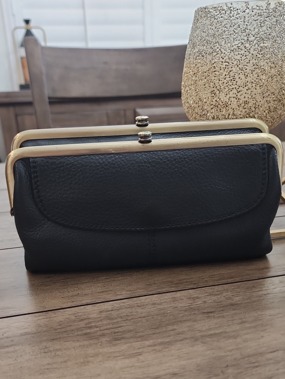 Hobo Classic Black Leather Double-Compartment Clutch with Gold Frame